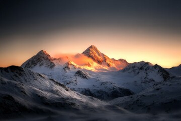 Majestic mountains during sunset with glowing peaks and serene snowy landscape in a remote location