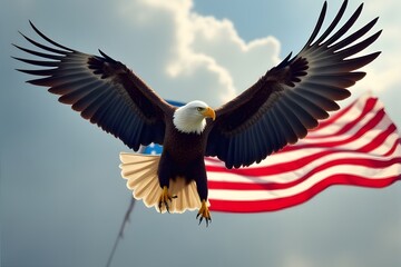 Fototapeta premium Bald Eagle in Flight with American Flag Backdrop