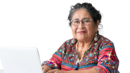 Mexican senior female Employee IT specialist sit at work with laptop on white background
