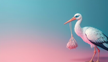 Obraz premium A stork carrying a bundle against a pastel background.