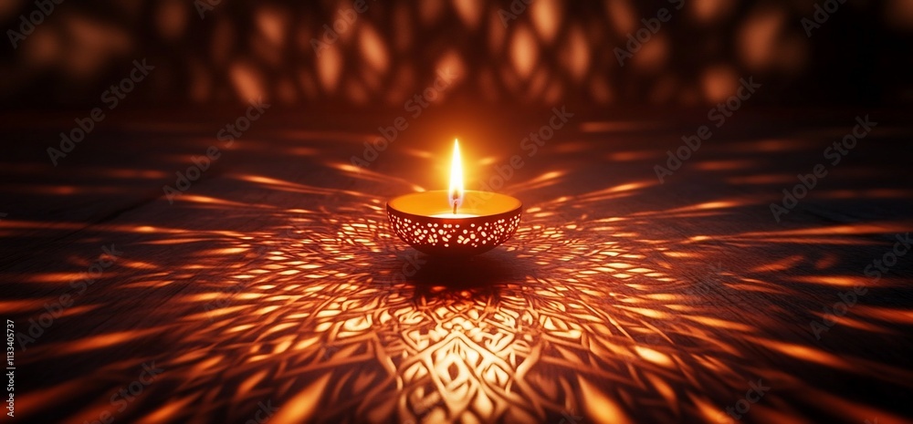Poster a lit decorative candle casting intricate shadows on a surface.