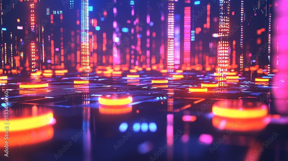 Poster abstract digital cityscape with glowing neon lights and data streams.