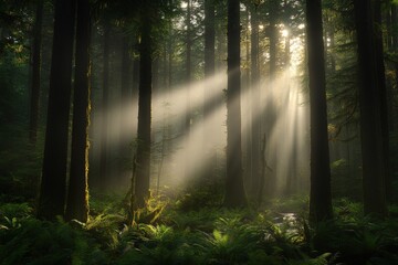 Obraz premium Light streams through tall trees in a lush forest during the early morning hours with mist enhancing the serene atmosphere