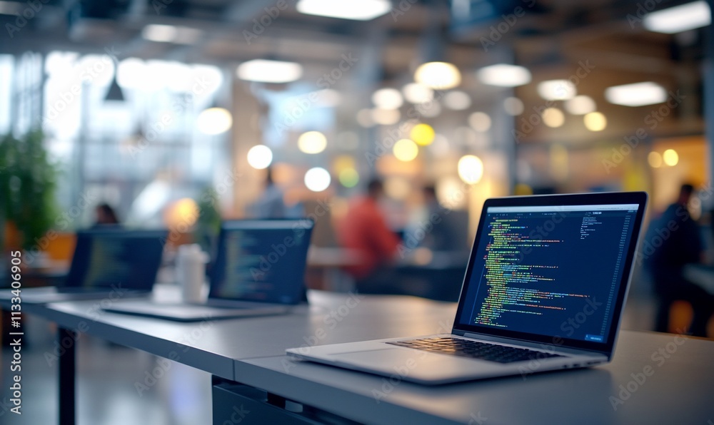 Aufkleber A modern workspace with laptops displaying code in a collaborative environment.