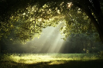 Obraz premium Sunlight filtering through trees in a tranquil forest clearing during mid-morning hours