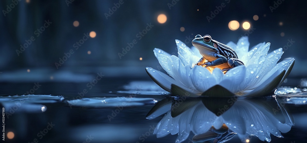 Poster A serene frog perched on a glowing lily pad in a tranquil water setting.