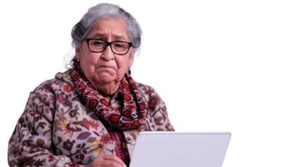 Mexican senior female Employee IT specialist sit at work with laptop on white background
