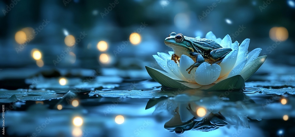 Poster a serene frog perched on a lily pad in a tranquil, illuminated pond.