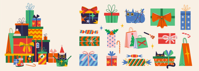 Christmas and New Year presents package set, Mountain of gifts. Boxes and bags with festive decorations like ribbons and bows, wrapping. Trendy modern isolated vector illustration, hand drawn, flat.