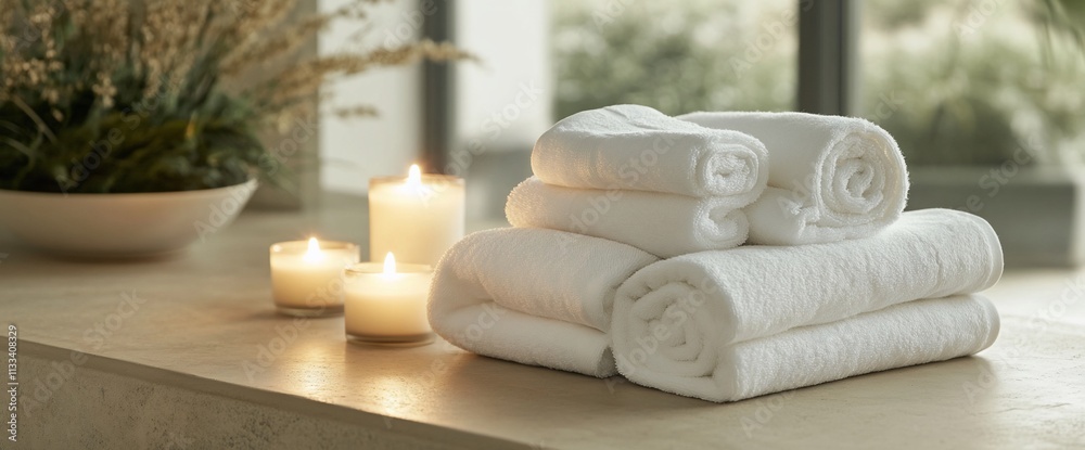 Poster a serene setting with neatly rolled white towels and candles for relaxation.