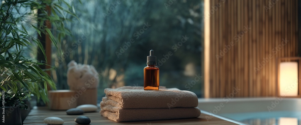 Poster a serene spa setting featuring an oil bottle and towels.