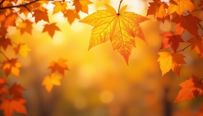 Fototapeta premium Autumn leaves in warm orange, yellow, and red tones with gentle sunlight