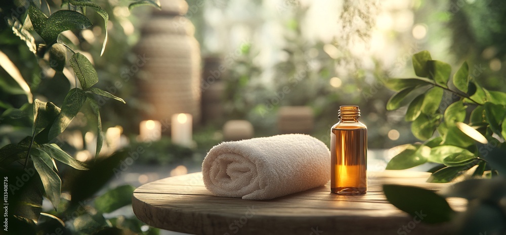 Poster a serene spa setting with a towel and essential oil bottle on a wooden table.