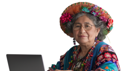Mexican senior female Employee IT specialist sit at work with laptop on white background
