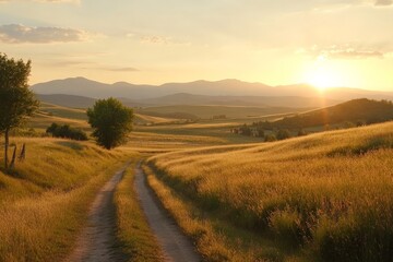 Obraz premium Scenic dirt road through golden fields at sunset in a serene rural landscape