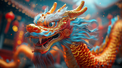 Obraz premium Traditional dragon dance performance during a festive celebration. Chinese New Year