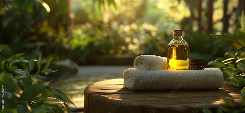 Poster a tranquil spa setting with towels and essential oil for relaxation.
