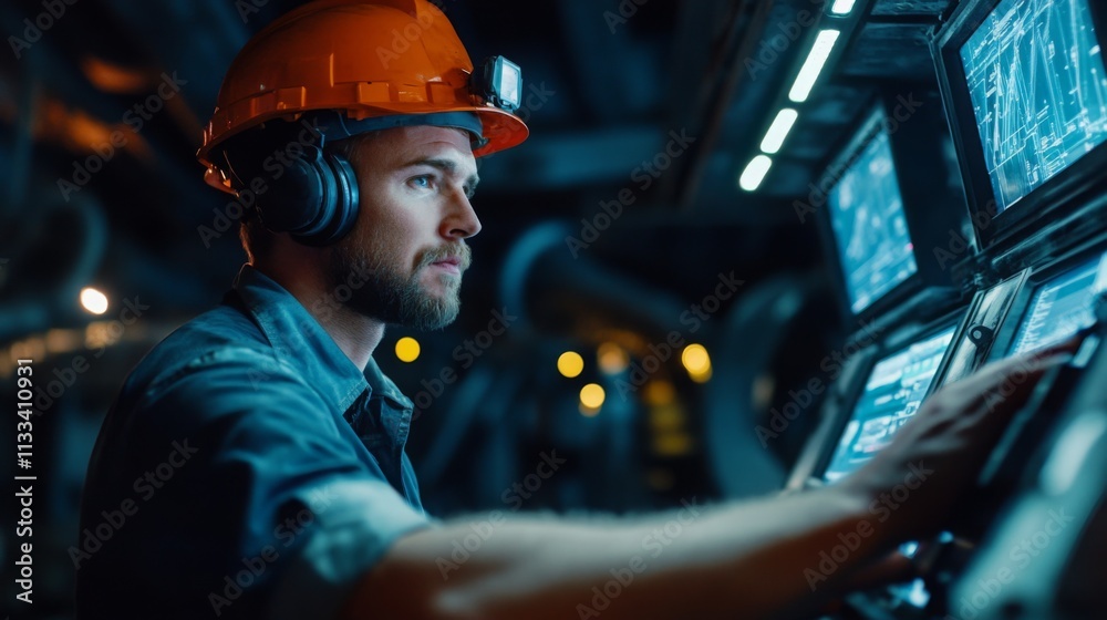 Aufkleber a technician engages with high-tech control panels, wearing a hard hat and headphones. the setting i