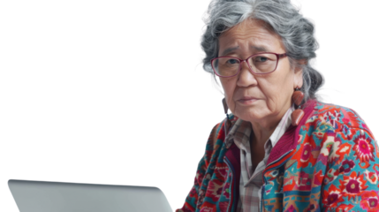 Mexican senior female Employee IT specialist sit at work with laptop on white background