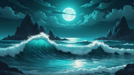 Vibrant abstract ocean waves under a luminous moonlight with dramatic rocky formations and clouds