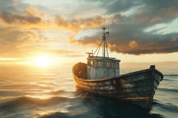 Fototapeta premium Old weathered fishing boat floats serenely on calm sea at sunset, bathed in golden light.