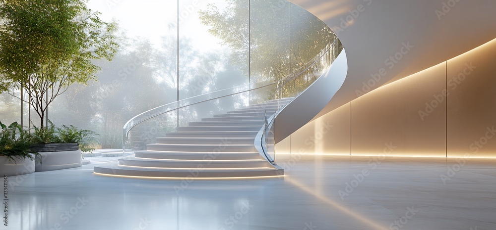 Poster elegant curved staircase in a modern space with natural light and greenery.