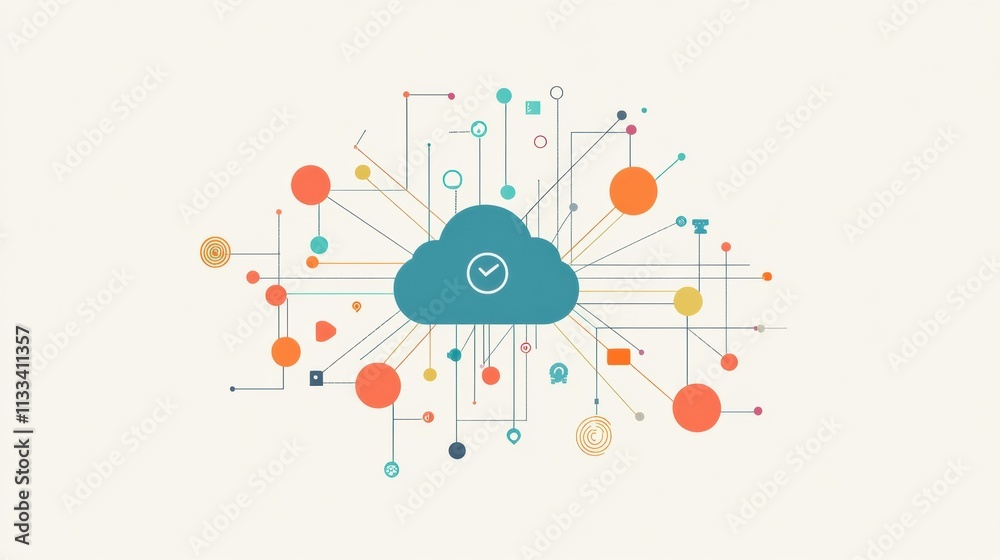 Poster central cloud icon surrounded by various colorful elements symbolizes cloud services, featuring spac