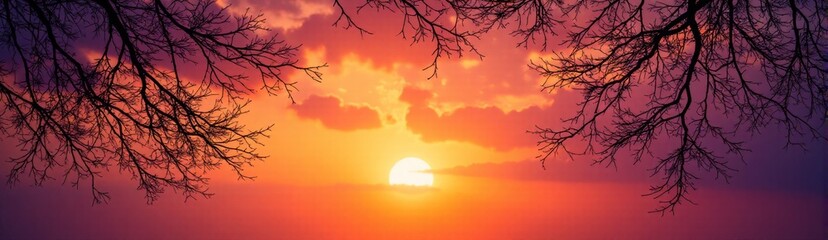 Abstract sunset sky with orange to purple hues and tree silhouettes