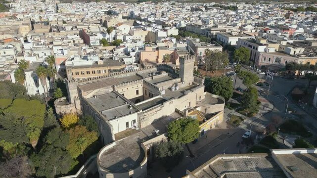 Aerial drone view of the old castle in the historical town of Nardo in Puglia, southern Italy.