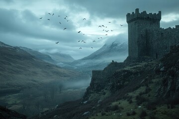 Obraz premium A brooding, gothic castle perched on a cliff overlooking a misty valley, with birds in flight.