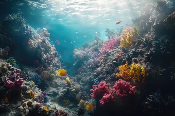 Naklejka premium Vibrant underwater scene showcasing diverse coral formations, colorful fish, and sunlight filtering through the water.