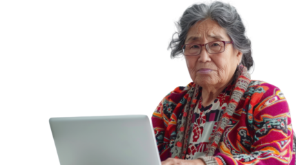 Mexican senior female Employee IT specialist sit at work with laptop on white background