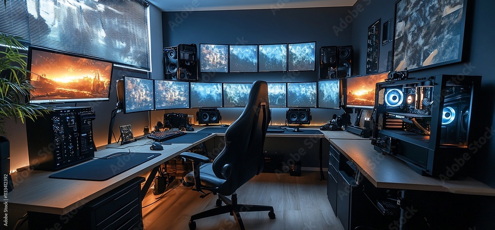 Poster High-tech gaming setup with multiple monitors and ambient lighting.