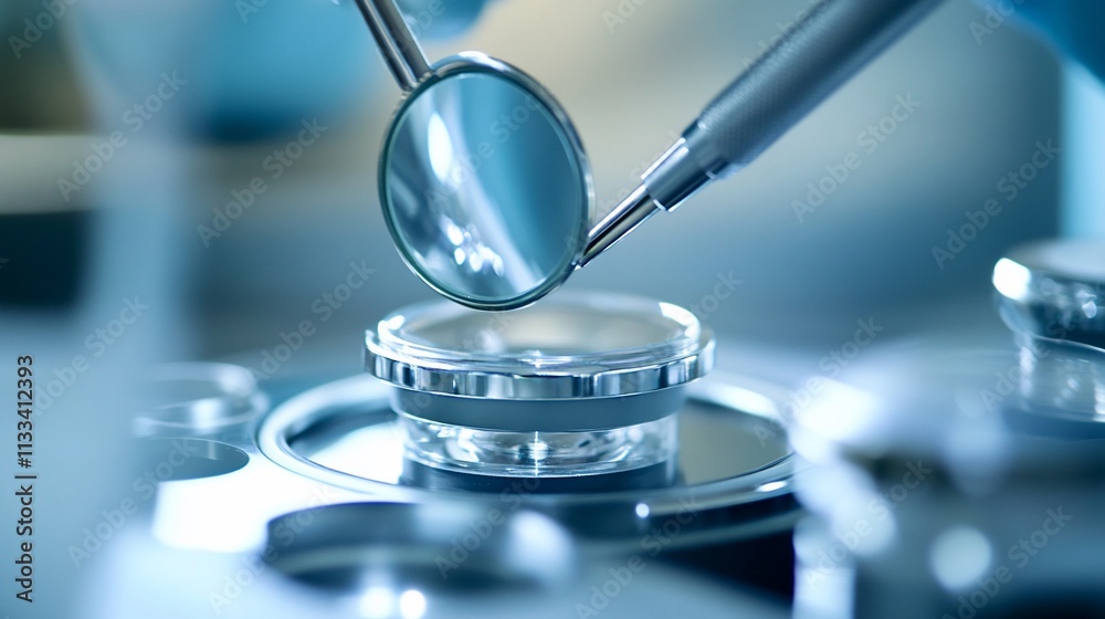 Poster laboratory tools examining a specimen in a scientific setting.