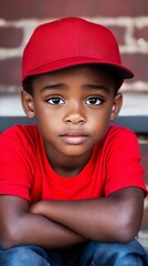 A young boy wearing a red baseball cap sitting on a bench