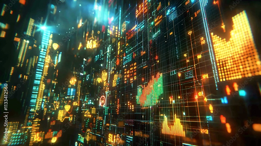 Poster Glowing digital grid with graphs and data.