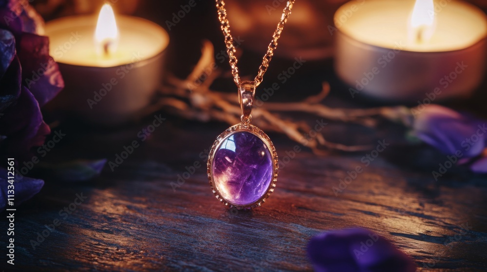 Poster Purple gemstone pendant is delicately displayed on a dark surface, surrounded by flickering candles and scattered rose petals, creating a calming and mystical atmosphere in a cozy setting.