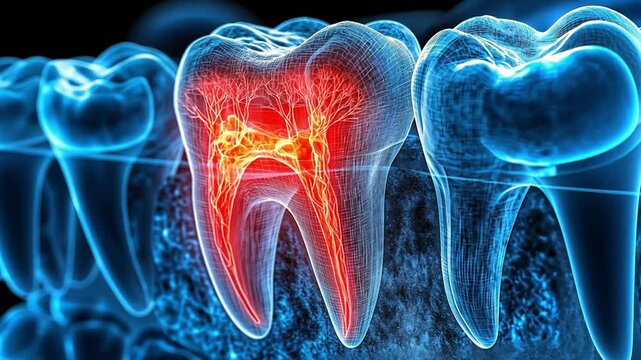 Detailed illustration of a tooth's internal structure highlighting nerve and pulpal inflammation