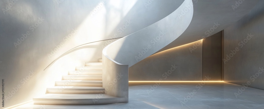 Poster modern spiral staircase in a minimalist architectural space with soft lighting.
