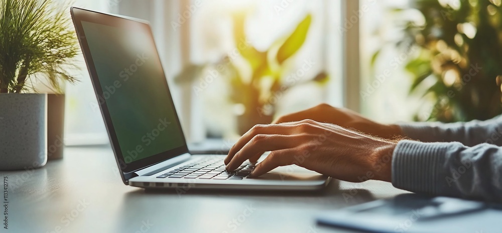 Poster person typing on a laptop with plants in the background, creating a productive space.