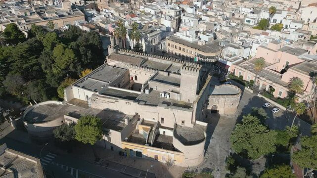 Aerial drone view of the old castle in the historical town of Nardo in Puglia, southern Italy.