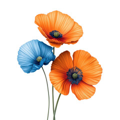 Fototapeta premium Vibrant orange and blue poppies arranged against a clean transparent background showcasing natural beauty and colors, an realistic orange and blue poppies, transparent background.