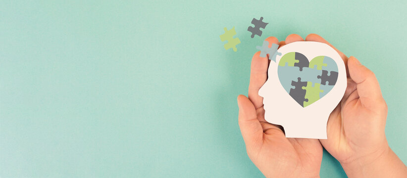 ASD autism spectrum disorder, deficits in social communication and interaction, mind with heart, colorful jigsaw or puzzle pieces