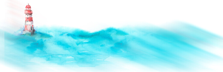 Obraz premium Watercolor illustration of lighthouse. sea landscape. Art illustration, greeting card. Beautiful tower. lighthouse in the ocean with great waves. Hand drawn watercolor illustration. wave, ocean, sea