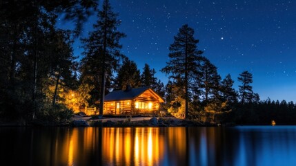 Illuminated cabin on tranquil lake at night, stars visible.