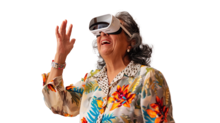 Mexican senior businesswoman watching vr glasses laughing and gesturing with hand on white background