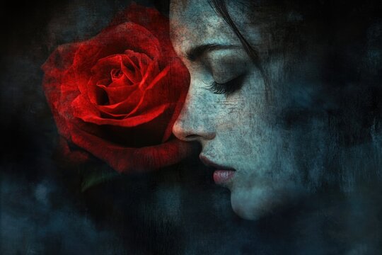 A woman's face, textured and dark, rests gently against a crimson rose, evoking mystery and melancholic beauty.
