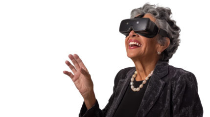 Mexican senior businesswoman watching vr glasses laughing and gesturing with hand on white background