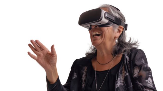 Mexican senior businesswoman watching vr glasses laughing and gesturing with hand on white background