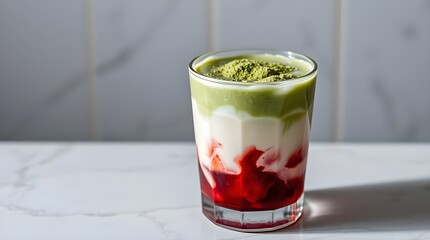 Iced strawberry matcha latte on marble countertop, large space for copy